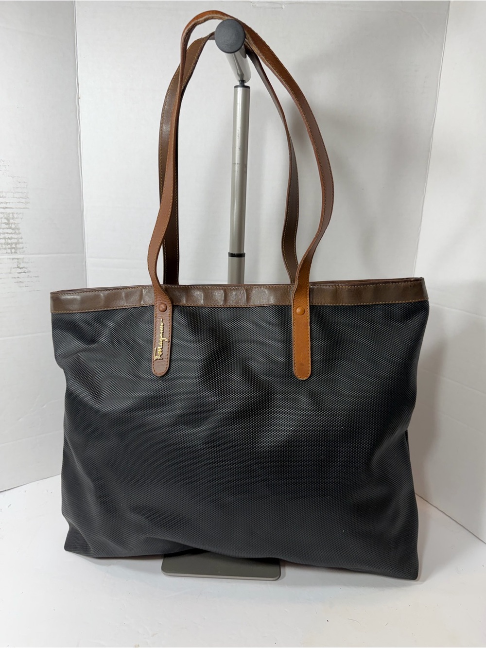 SALVATORE FERRAGAMO Vintage Authentic Black Coated Canvas/Vinyl and Leather Trim
